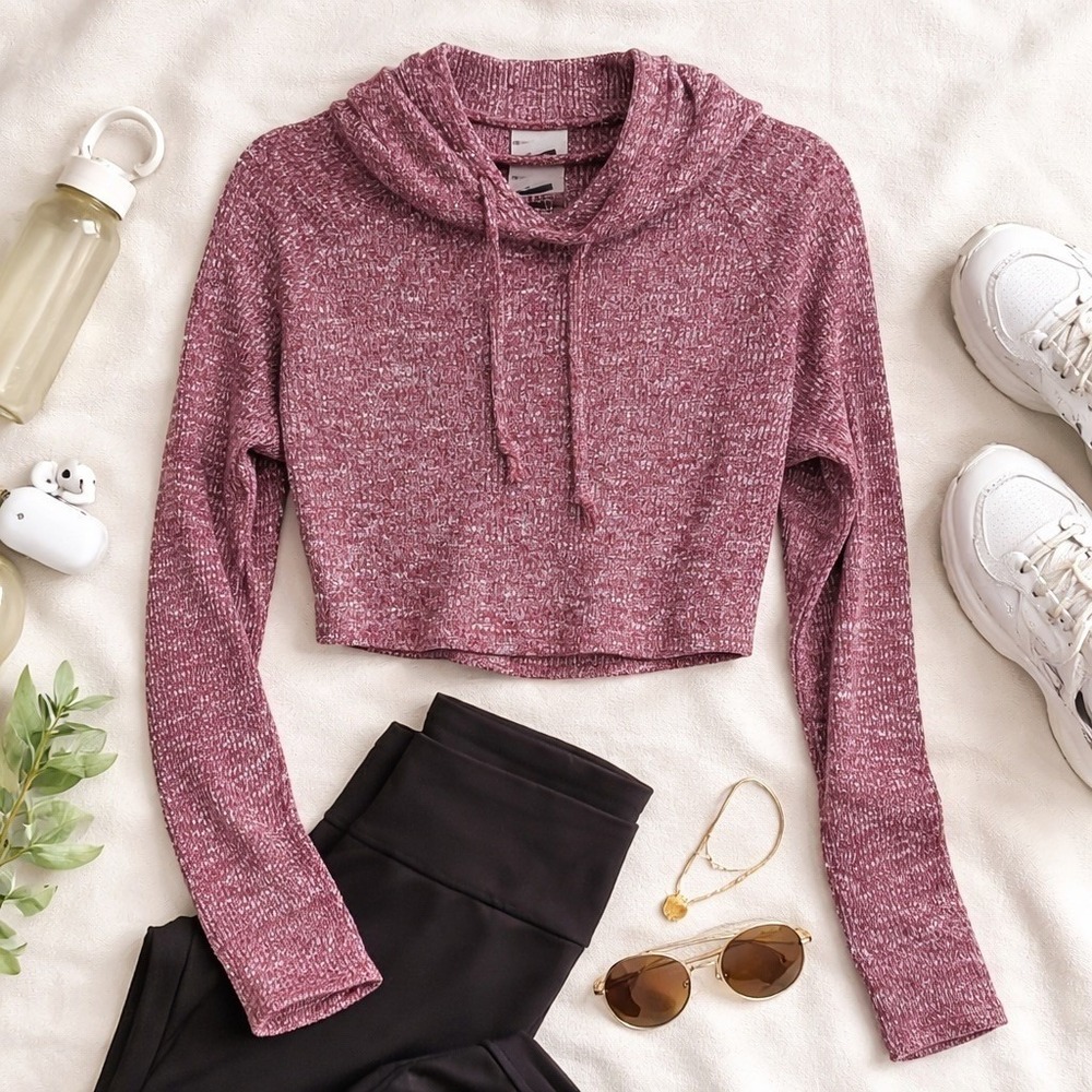 Gymshark Cropped Hoodie Womens Medium Burgundy Marl Knit Long Sleeve Athleisure